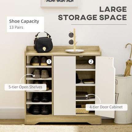 Shoe Storage Organizer with Double Doors and Open Shelves for 13 Pairs - Natural & White