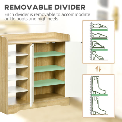 Shoe Storage Organizer with Double Doors and Open Shelves for 13 Pairs - Natural & White