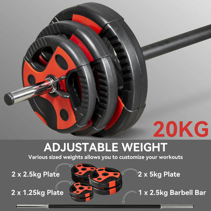 20kg Adjustable Barbell Weight Set for Home Gym Strength Training - Black and Red