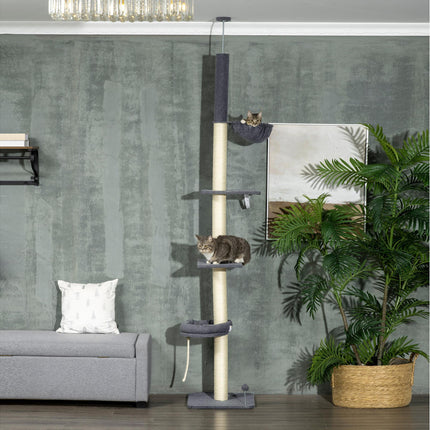 5-Tier Adjustable Floor to Ceiling Cat Tree with Scratching Posts and Multi-level Climbing Tower - Black