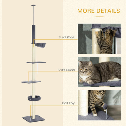 5-Tier Adjustable Floor to Ceiling Cat Tree with Scratching Posts and Multi-level Climbing Tower - Black