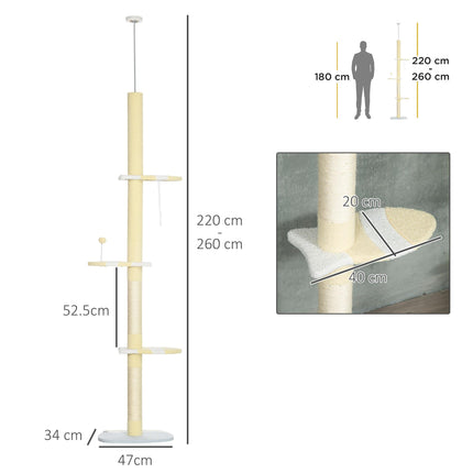 260cm Adjustable Floor to Ceiling Cat Tower with Scratching Post and Anti-slip Kit - Yellow