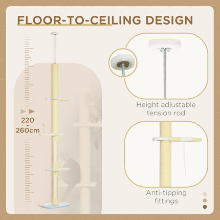260cm Adjustable Floor to Ceiling Cat Tower with Scratching Post and Anti-slip Kit - Yellow
