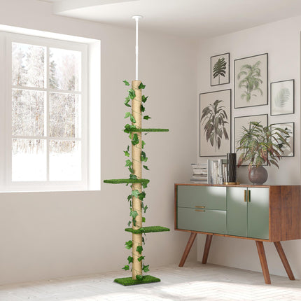 Adjustable 202-242cm Floor to Ceiling Cat Tree with Anti-Slip Kit Multi-Layer Activity Center - Green