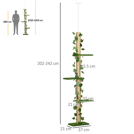 Adjustable 202-242cm Floor to Ceiling Cat Tree with Anti-Slip Kit Multi-Layer Activity Center - Green