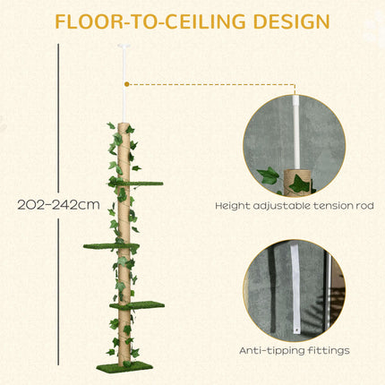 Adjustable 202-242cm Floor to Ceiling Cat Tree with Anti-Slip Kit Multi-Layer Activity Center - Green