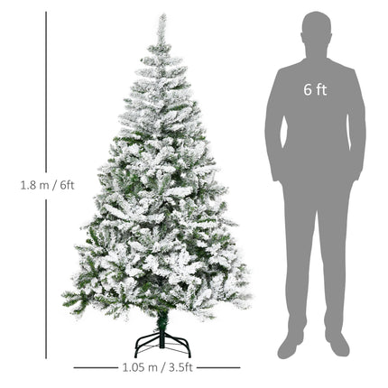 6 Foot Snow Flocked Artificial Christmas Pine Tree with 750 Branches, Auto Open & Steel Base - Green
