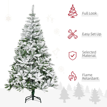 6 Foot Snow Flocked Artificial Christmas Pine Tree with 750 Branches, Auto Open & Steel Base - Green