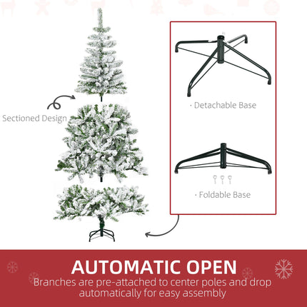 6 Foot Snow Flocked Artificial Christmas Pine Tree with 750 Branches, Auto Open & Steel Base - Green