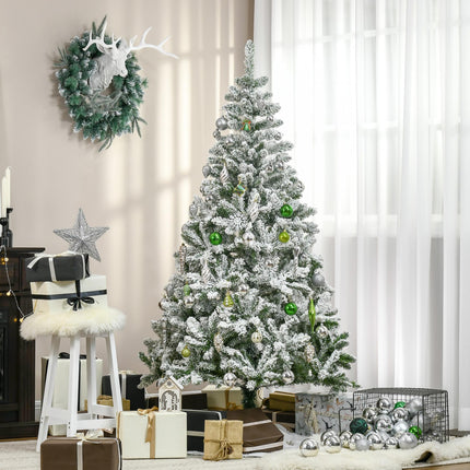 6 Foot Snow Flocked Artificial Christmas Pine Tree with 750 Branches, Auto Open & Steel Base - Green