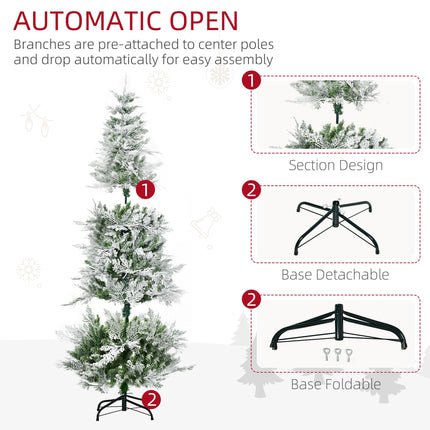 Pencil Snow Flocked Auto Open Artificial Christmas Tree with Realistic Cypress Branches - Green