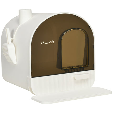 Hooded Cat Litter Box with Lid, Scoop, Filter & Flap Door for Kittens - White