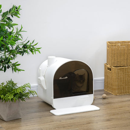 Hooded Cat Litter Box with Lid, Scoop, Filter & Flap Door for Kittens - White