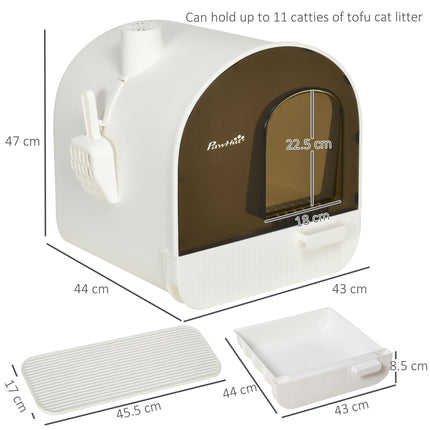 Hooded Cat Litter Box with Lid, Scoop, Filter & Flap Door for Kittens - White