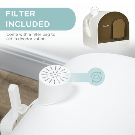 Hooded Cat Litter Box with Lid, Scoop, Filter & Flap Door for Kittens - White