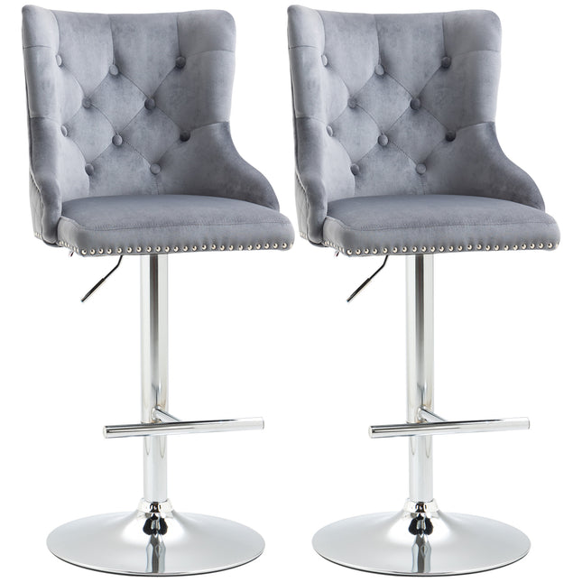 Set of 2 Modern Adjustable Velvet Bar Stools with Footrest - Grey