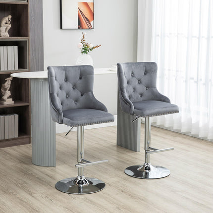 Set of 2 Modern Adjustable Velvet Bar Stools with Footrest - Grey