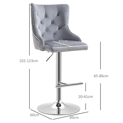 Set of 2 Modern Adjustable Velvet Bar Stools with Footrest - Grey