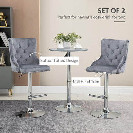 Set of 2 Modern Adjustable Velvet Bar Stools with Footrest - Grey