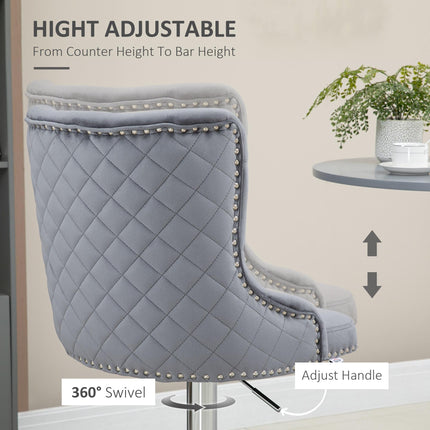 Set of 2 Modern Adjustable Velvet Bar Stools with Footrest - Grey