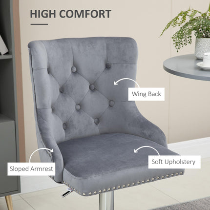 Set of 2 Modern Adjustable Velvet Bar Stools with Footrest - Grey