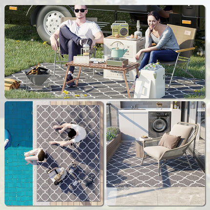 Reversible Waterproof Outdoor Rug 182x274cm with Carry Bag & Stakes - Grey White