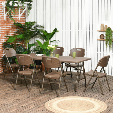 7 Piece Resin Rattan Patio Dining Set with Foldable Chairs - Dark Brown