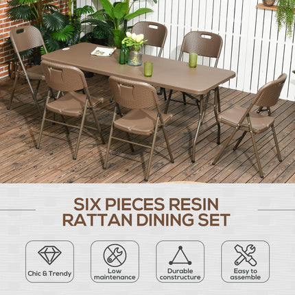 7 Piece Resin Rattan Patio Dining Set with Foldable Chairs - Dark Brown