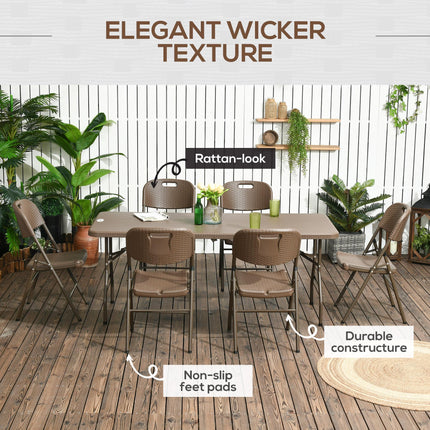 7 Piece Resin Rattan Patio Dining Set with Foldable Chairs - Dark Brown