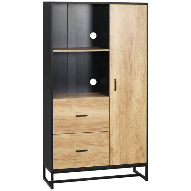 Freestanding Kitchen Cupboard with Soft Close Doors, Adjustable Shelves & Drawers Microwave Stand - Natural & Black