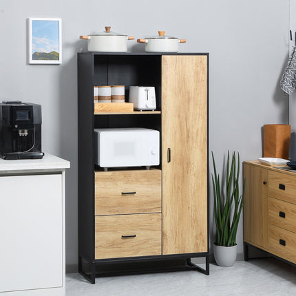 Freestanding Kitchen Cupboard with Soft Close Doors, Adjustable Shelves & Drawers Microwave Stand - Natural & Black