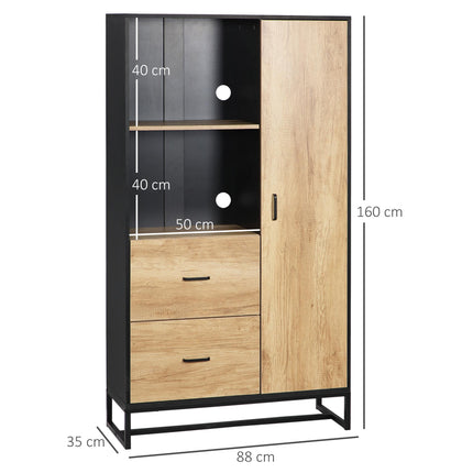 Freestanding Kitchen Cupboard with Soft Close Doors, Adjustable Shelves & Drawers Microwave Stand - Natural & Black
