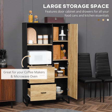 Freestanding Kitchen Cupboard with Soft Close Doors, Adjustable Shelves & Drawers Microwave Stand - Natural & Black