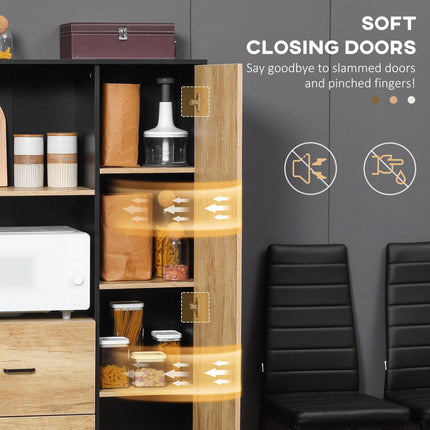 Freestanding Kitchen Cupboard with Soft Close Doors, Adjustable Shelves & Drawers Microwave Stand - Natural & Black