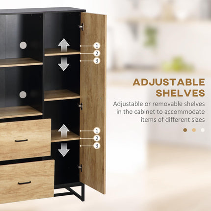 Freestanding Kitchen Cupboard with Soft Close Doors, Adjustable Shelves & Drawers Microwave Stand - Natural & Black