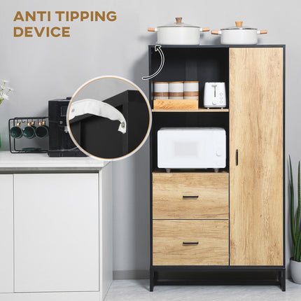 Freestanding Kitchen Cupboard with Soft Close Doors, Adjustable Shelves & Drawers Microwave Stand - Natural & Black