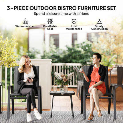 3 Piece Outdoor Bistro Set with Stackable Steel Armchairs and Table - Black