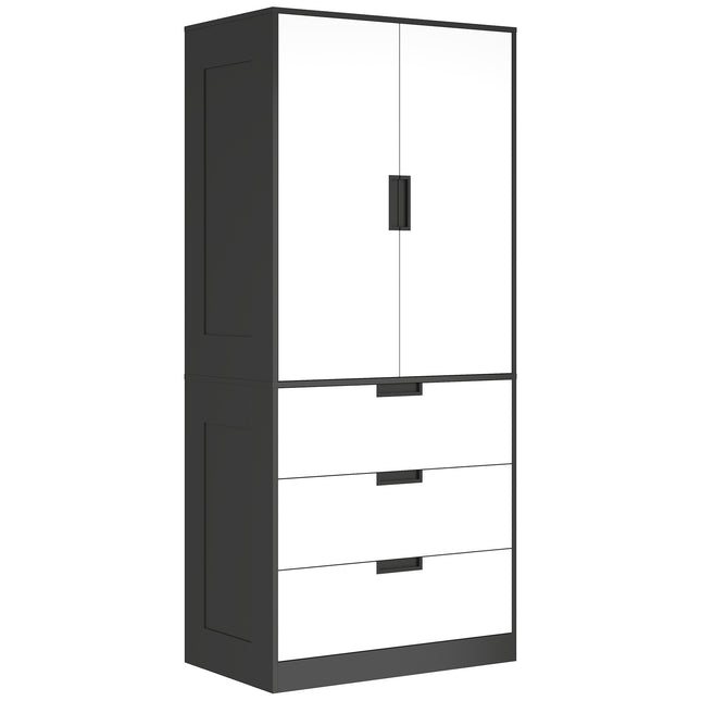 2 Door Wardrobe with 3 Drawers and Hanging Rod for Bedroom - White