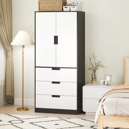 2 Door Wardrobe with 3 Drawers and Hanging Rod for Bedroom - White