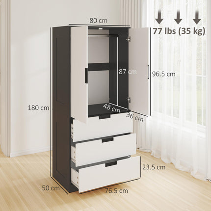 2 Door Wardrobe with 3 Drawers and Hanging Rod for Bedroom - White