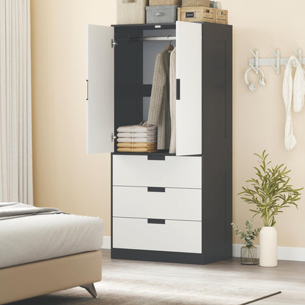 2 Door Wardrobe with 3 Drawers and Hanging Rod for Bedroom - White