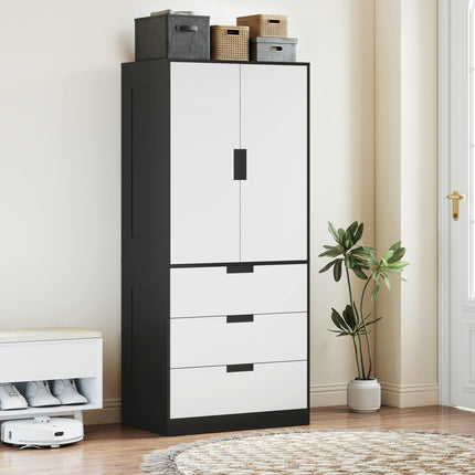 2 Door Wardrobe with 3 Drawers and Hanging Rod for Bedroom - White
