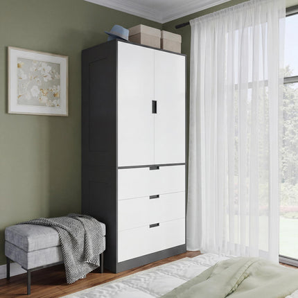 2 Door Wardrobe with 3 Drawers and Hanging Rod for Bedroom - White