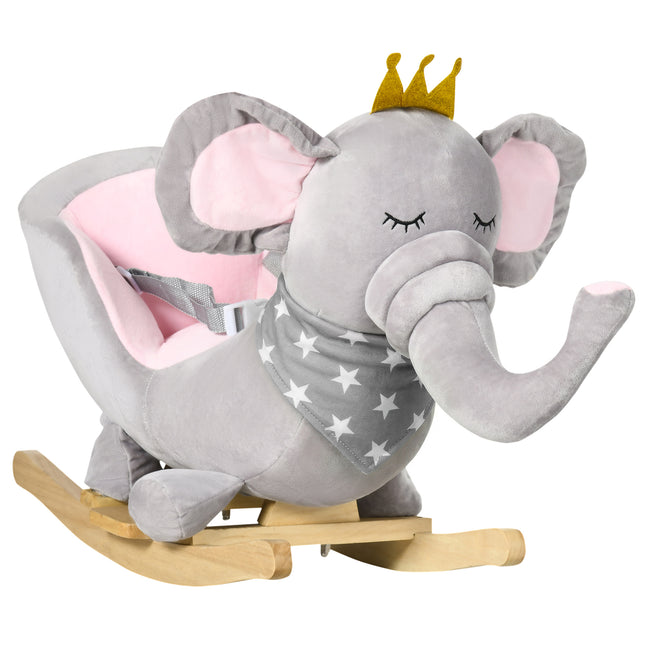 Baby Elephant Rocking Chair with Wooden Base and Safety Belt for Toddlers 1.5-3 Years - Grey