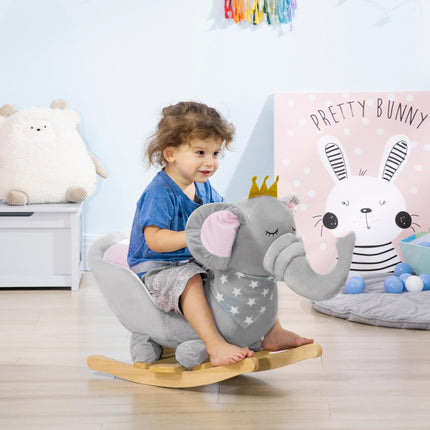 Baby Elephant Rocking Chair with Wooden Base and Safety Belt for Toddlers 1.5-3 Years - Grey