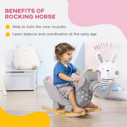 Baby Elephant Rocking Chair with Wooden Base and Safety Belt for Toddlers 1.5-3 Years - Grey
