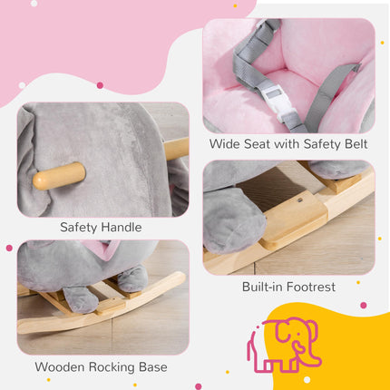 Baby Elephant Rocking Chair with Wooden Base and Safety Belt for Toddlers 1.5-3 Years - Grey