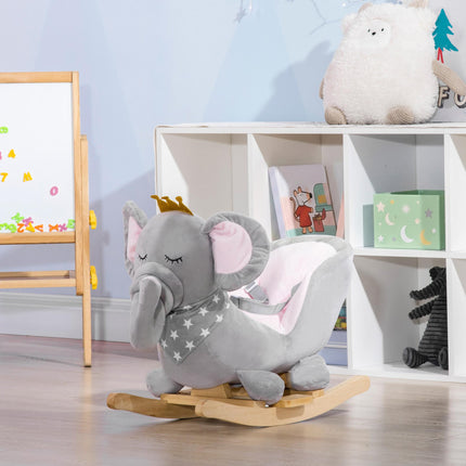 Baby Elephant Rocking Chair with Wooden Base and Safety Belt for Toddlers 1.5-3 Years - Grey