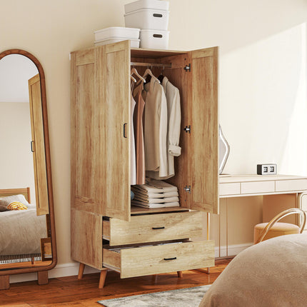 2 Door Wardrobe with 2 Drawers and Hanging Rail for Bedroom - Natural