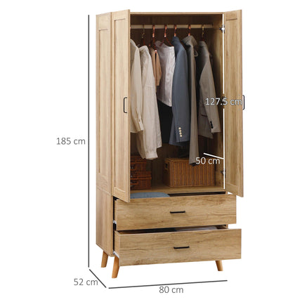 2 Door Wardrobe with 2 Drawers and Hanging Rail for Bedroom - Natural